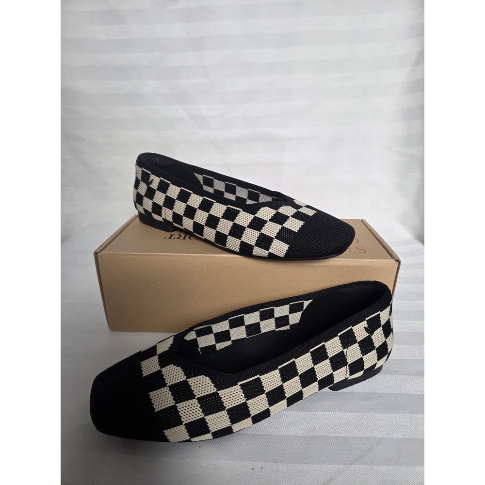 Vivaia Margot 2.0 Checkerboard Square Toe Knit Flats Black Cream US 7 EU 37.5 W - Picture 11 of 16
